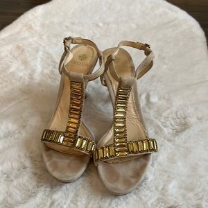 Isola gold jeweled taupe suede heels, size 7